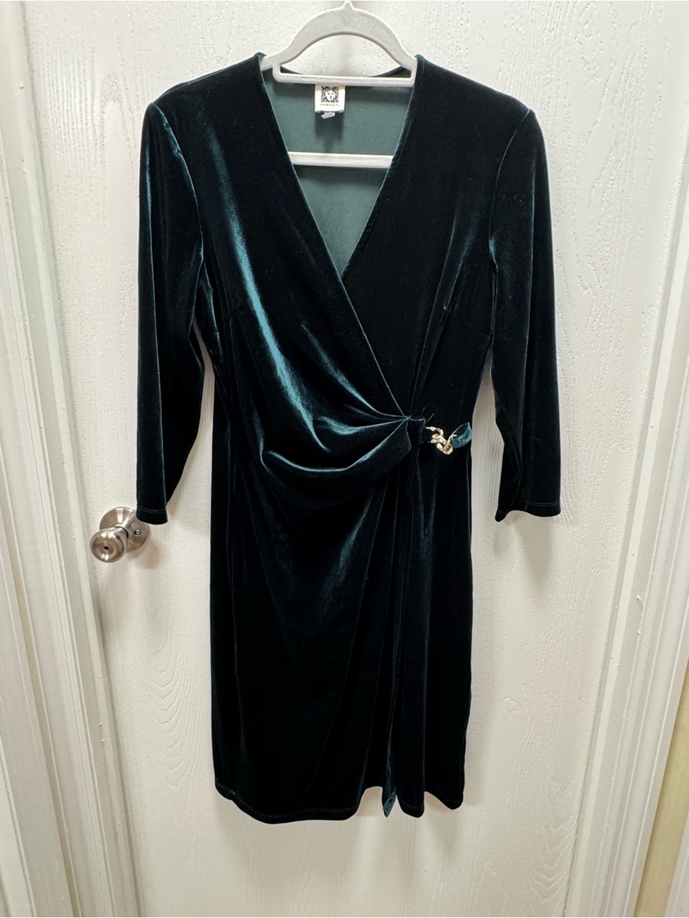 Anne Klein Dark Emerald Velvet Wrap Dress with Decorative Buckle